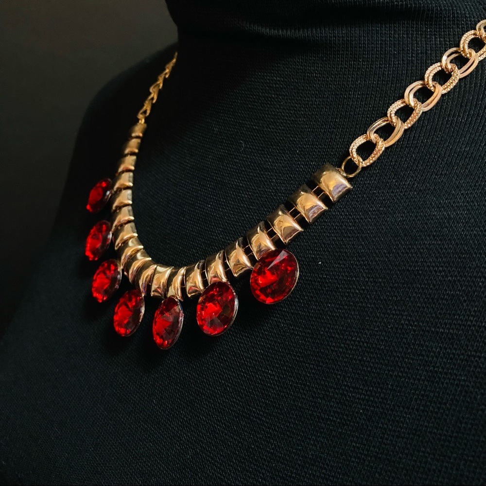 Vtg Gold Ruby Statement Necklace - image 4